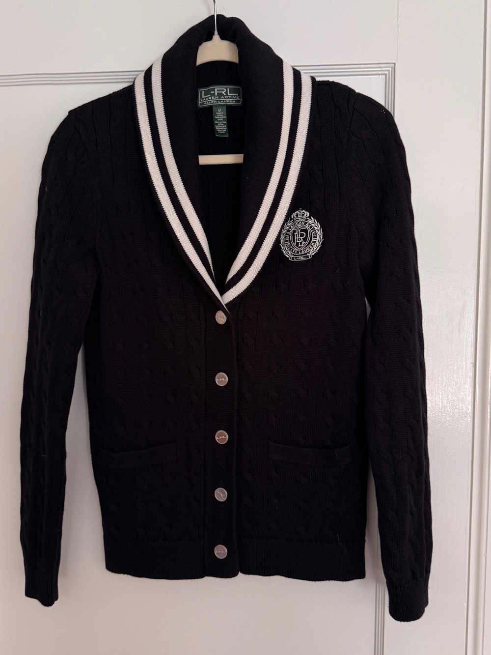 Ralph Lauren Black Shawl-Collar Cable Knit Cardigan with White Trim